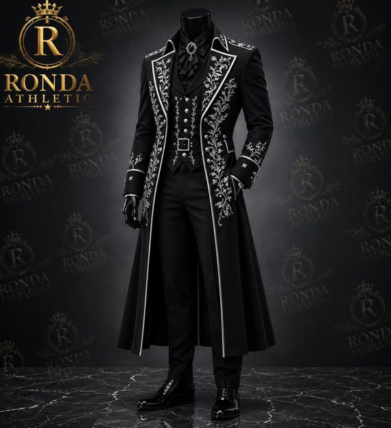 Black Victorian Coat Men Silver Embroidered Tailcoat Gothic Steampunk Long Coat Royal Wedding Outfit Designer Formal Suit