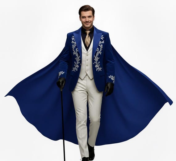 Royal Blue Velvet Men’s Cape Suit – Embroidered Gothic Wedding Tuxedo, Royal 3-Piece Groom Wear, Victorian Prom Outfit