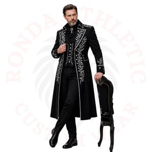 Luxury black long coat for men, silver embroidered Victorian tailcoat, royal style groom wedding attire