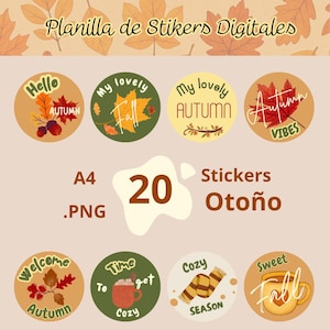 Circular stickers with phrases for the fall season, cute labels ideal for projects like diaries, notebooks, and planners.