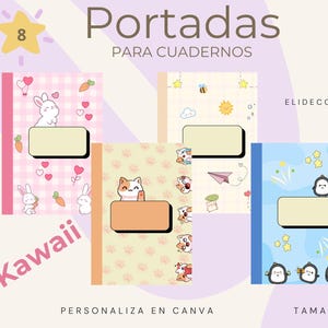 Kawaii-style notebook covers, personalized, back-to-school, Canva template, printable instant download, cute animals