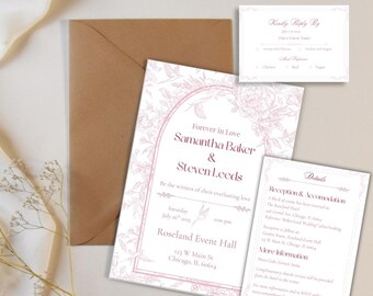 Op de afbeelding: Trouwuitnodigingsset met een bloemmotief in roze en wit. De set bevat een uitnodiging, een RSVP-kaart en een detailkaart, samen met een bruine envelop. De uitnodigingstekst luidt "Forever in Love, Samantha Baker & Steven Leeds."