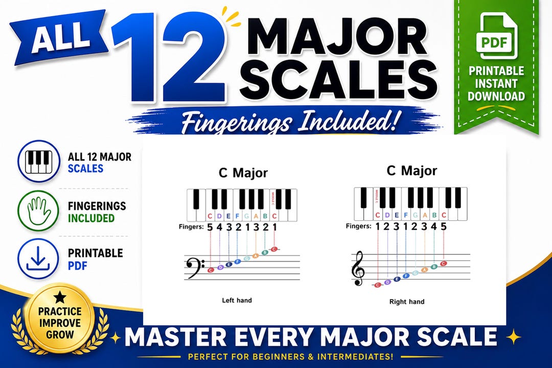 Piano Major Scales Chart – All 12 Keys With Fingerings (PDF) - Etsy