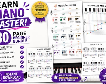 Beginner Piano Cheat Sheet Bundle | Piano Notes Chart, Scales, Intervals, Music Theory Printable | Piano Teacher Resource