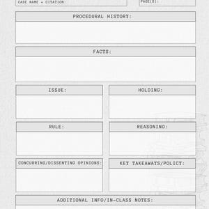 Puede incluir: Una plantilla de resumen de caso en blanco y gris, con secciones para el nombre del caso, el historial procesal, los hechos, la cuesti&oacute;n, la decisi&oacute;n, la regla, el razonamiento, las opiniones, las conclusiones clave y las notas. La palabra "BRIEF" est&aacute; arriba a la izquierda.