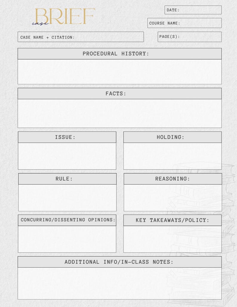 Puede incluir: Una plantilla de resumen de caso en blanco y gris, con secciones para el nombre del caso, el historial procesal, los hechos, la cuesti&oacute;n, la decisi&oacute;n, la regla, el razonamiento, las opiniones, las conclusiones clave y las notas. La palabra "BRIEF" est&aacute; arriba a la izquierda.