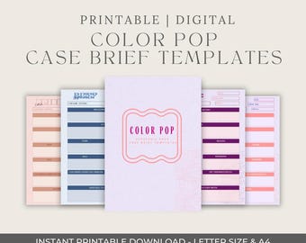 Può includere: Una collezione di modelli digitali stampabili per riassunti di casi. I modelli presentano un design color pop con una varietà di layout e combinazioni di colori, tra cui rosa, blu e viola. Il testo include "COLOR POP" e "CASE BRIEF TEMPLATES".