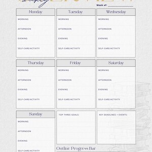 Puede incluir: Un planificador semanal con fondo gris claro y texto dorado. La palabra "OVERVIEW" est&aacute; en la parte superior, con secciones para cada d&iacute;a de la semana. Cada d&iacute;a tiene secciones para la ma&ntilde;ana, la tarde, la noche y el cuidado personal/actividad.