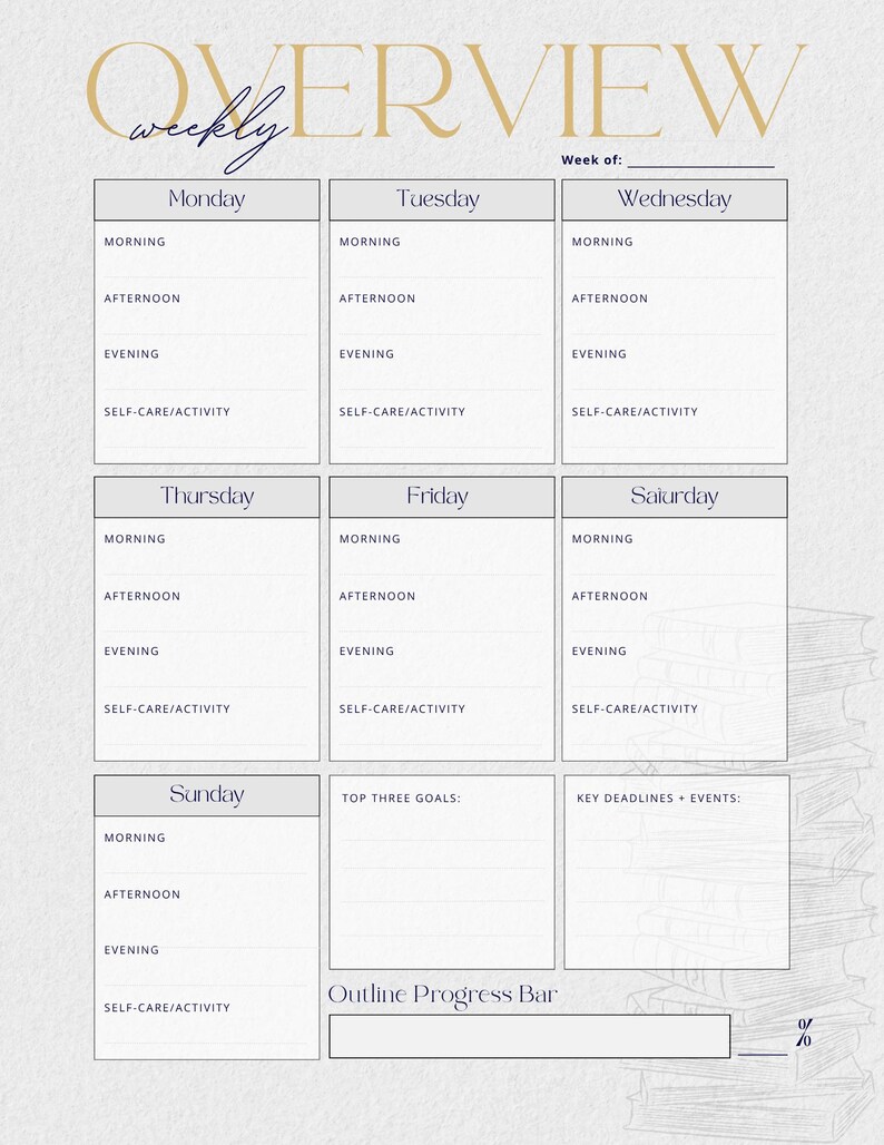 Puede incluir: Un planificador semanal con fondo gris claro y texto dorado. La palabra "OVERVIEW" est&aacute; en la parte superior, con secciones para cada d&iacute;a de la semana. Cada d&iacute;a tiene secciones para la ma&ntilde;ana, la tarde, la noche y el cuidado personal/actividad.