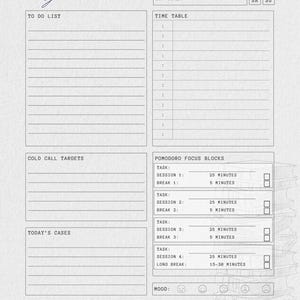 Puede incluir: Un planificador de rutina diaria con secciones para una lista de tareas, una tabla de horarios y bloques de enfoque Pomodoro. El planificador incluye espacios para objetivos de llamadas en fr&iacute;o, casos de hoy y seguimiento del estado de &aacute;nimo.