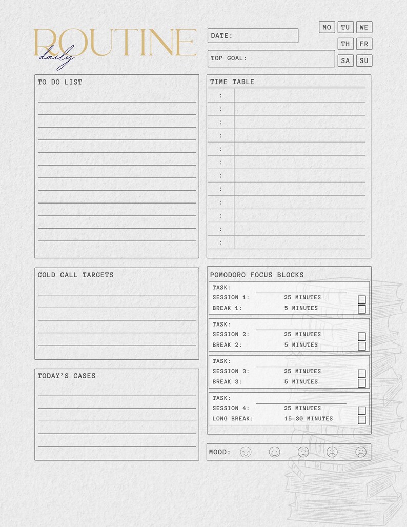 Puede incluir: Un planificador de rutina diaria con secciones para una lista de tareas, una tabla de horarios y bloques de enfoque Pomodoro. El planificador incluye espacios para objetivos de llamadas en fr&iacute;o, casos de hoy y seguimiento del estado de &aacute;nimo.