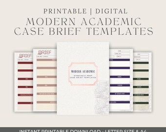 Può includere: Una collezione di modelli di riepilogo di casi accademici moderni digitali e stampabili. I modelli presentano un design minimalista con una palette di colori neutri e sono disponibili in formato lettera e A4. Il testo sull'immagine recita "Printable | Digital".