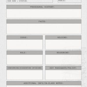 Puede incluir: Una plantilla imprimible de resumen de caso con secciones para el nombre del caso, el historial procesal, los hechos, la cuestión, la decisión, la regla, el razonamiento y más. La palabra "BRIEF" está en la parte superior en letras doradas. La plantilla está diseñada con una paleta de colores neutros.