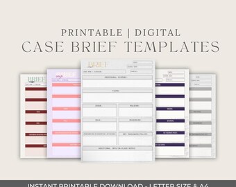 Può includere: Una collezione di modelli digitali stampabili di riepiloghi di casi in vari schemi di colori, tra cui rosa, verde e bianco. I modelli sono progettati per professionisti e studenti di legge, con sezioni per fatti, questioni e regole. Il testo "PRINTABLE | DIGITAL CASE BRIEF TEMPLATES" è in alto.