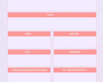 Può includere: Un modello di riepilogo del caso rosa e bianco con campi di testo per il nome del caso, la data, il nome del corso e altro. La parola "BRIEF" è in alto e "case" è scritto in corsivo. Il modello è progettato per uso legale o accademico.