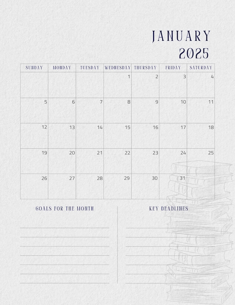 Puede incluir: Un calendario de enero de 2025 con fondo azul claro. La cuadr&iacute;cula del calendario muestra los d&iacute;as de la semana. El texto "ENERO 2025" est&aacute; en la parte superior. Una pila de libros est&aacute; a la derecha. Se incluyen secciones para metas y plazos.