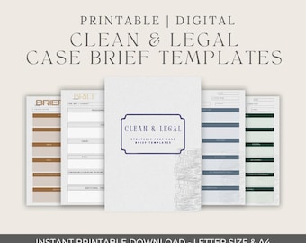 Può includere: Una collezione di modelli di brief di casi stampabili e digitali. Il testo "CLEAN & LEGAL CASE BRIEF TEMPLATES" è visualizzato in alto. I modelli sono in formato A4 e lettera. Il design è pulito e professionale.
