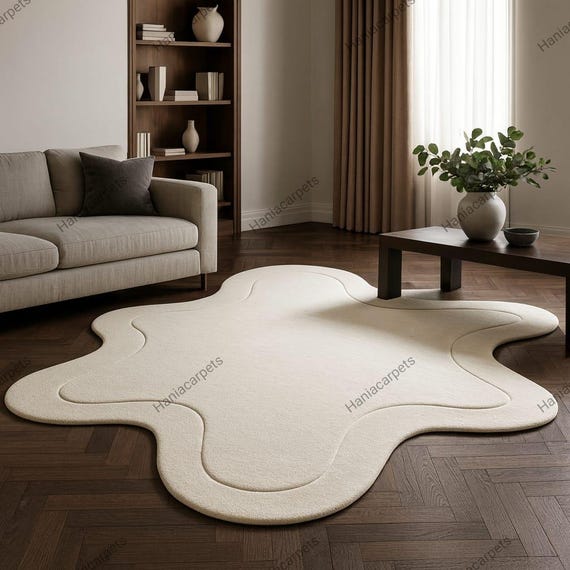 Solid Off White Irregular Amoeba Shape Hand Tufted Wool Area Rugs for Kids Room, Modern High Pile 8x10 Living Room Rug, Custom Floor Rug