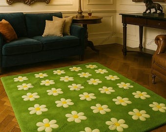 Handmade Moss Green Rug | Tufted Pastel Flower Carpet | Botanical Nature-Inspired Decor for Living Room, Bedroom, or Office