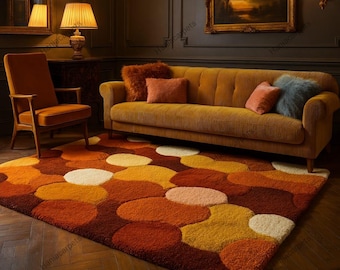 Tapis à poils longs rétro Mid-Century - Moquette géométrique des années 70, orange jaune, tapis de sol en peluche vintage pour salon et décoration bohème