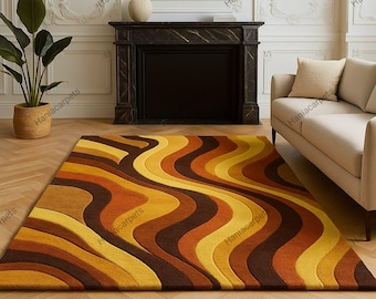 Retro jaren 70 geometrisch golftapijt – modern getuft shag-tapijt uit het midden van de eeuw | Vintage golvend accenttapijt | Groovy boho woonkamervloerdecoratie