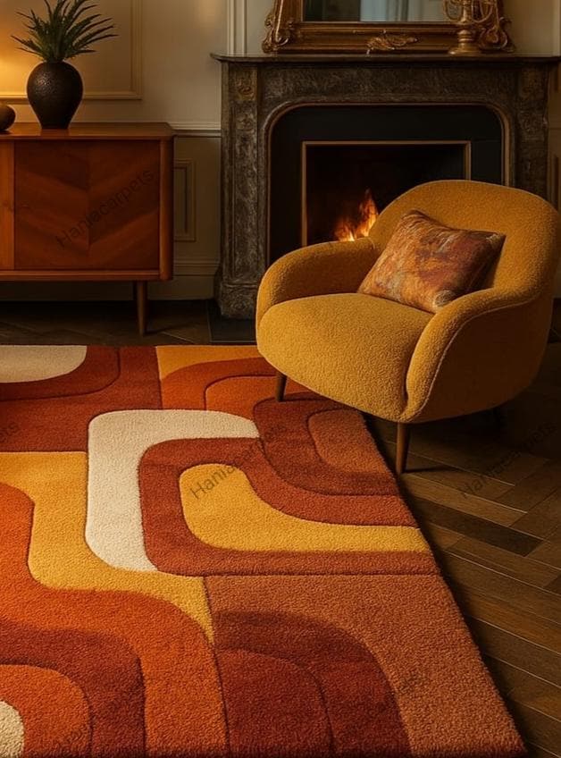 Retro Mid Century Shag Rug – 70s Geometric Orange Yellow Area