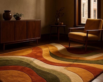 Retro 70s Geometric Wave Rug – Mid Century Modern Tufted Shag Carpet | Vintage Wavy Accent Rug | Groovy Boho Living Room Floor Decor