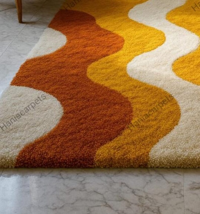 Retro Wavy Area Rug – Handmade Tufted Shag Carpet, 70s Mid Century ...