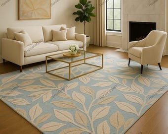 Hand Tufted Wool Area Rug | Light Blue & Beige Leaf Design Carpet | Modern Living Room, Bedroom, Dining Room Rug | Custom Sizes Available