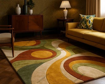 Retro jaren 70 geometrisch golftapijt – modern getuft shag-tapijt uit het midden van de eeuw | Vintage golvend accenttapijt | Groovy boho woonkamervloerdecoratie