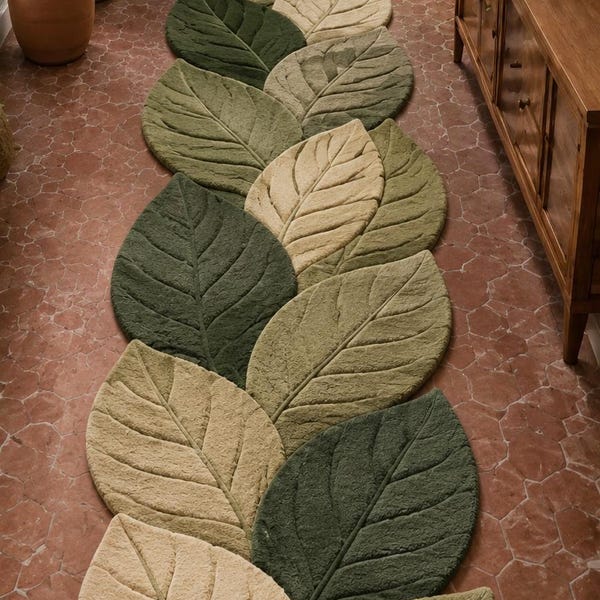 Hand Tufted Leaf Runner Rug, Botanical Hallway Carpet, Monstera Tropical Runner for Entryway Decor
