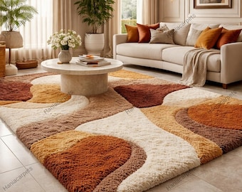 Retro Mid Century Shag Rug – 70s Geometric Orange Yellow Area