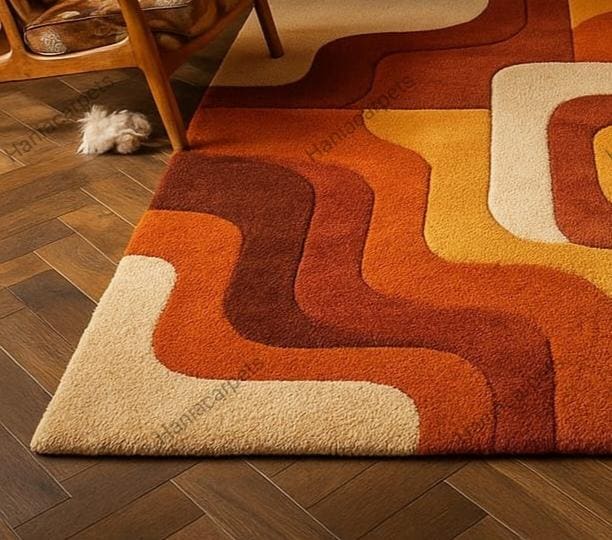 Retro Mid Century Shag Rug – 70s Geometric Orange Yellow Area