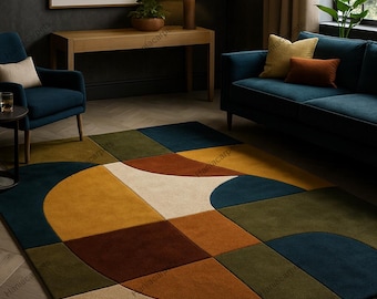 Hand Tufted Geometric Area Rug Burnt Orange | Mid Century Modern Carpet | Retro Abstract Living Room Rug Decor