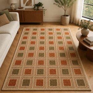 May include: A rectangular area rug featuring a repeating geometric pattern of nested squares in alternating shades of burnt orange, olive green, and beige. The textured pile creates a grid layout across the entire surface of the floor covering.