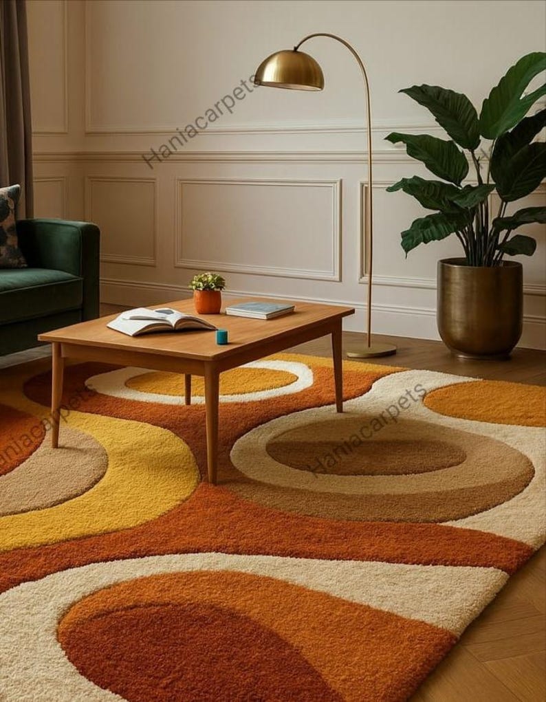 Retro Mid Century Shag Rug – 70s Geometric Orange Yellow Area Carpet ...