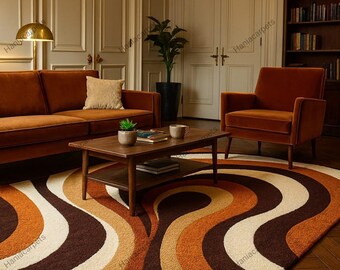 Retro jaren 70 geometrisch golftapijt – modern getuft shag-tapijt uit het midden van de eeuw | Vintage golvend accenttapijt | Groovy boho woonkamervloerdecoratie