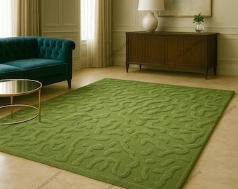 Moss Tufted Wool Rug | 3D Forest Floor Carpet | Handmade Plush Green Area Rug | Custom Size Cottagecore Nature-Inspired Home Decor
