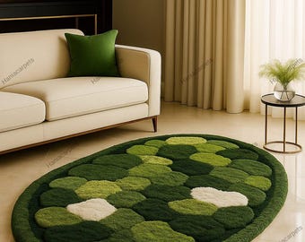 3D Moss Rug | Grass Rug | Green Rug – Nature Inspired Carpet, Oval Living Room Rug, Plush Forest Floor Rug, Tufted Botanical Rug 8x10 | 6x9