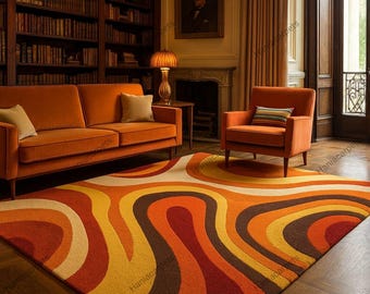 Retro jaren 70 geometrisch golftapijt – modern getuft shag-tapijt uit het midden van de eeuw | Vintage golvend accenttapijt | Groovy boho woonkamervloerdecoratie