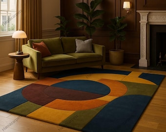 Hand Tufted Geometric Area Rug Burnt Orange | Mid Century Modern Carpet | Retro Abstract Living Room Rug Decor