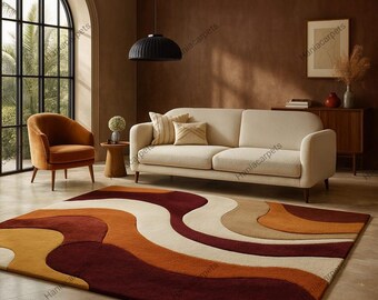 Retro jaren 70 geometrisch golftapijt – modern getuft shag-tapijt uit het midden van de eeuw | Vintage golvend accenttapijt | Groovy boho woonkamervloerdecoratie