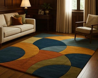 Hand Tufted Geometric Area Rug Burnt Orange | Mid Century Modern Carpet | Retro Abstract Living Room Rug Decor