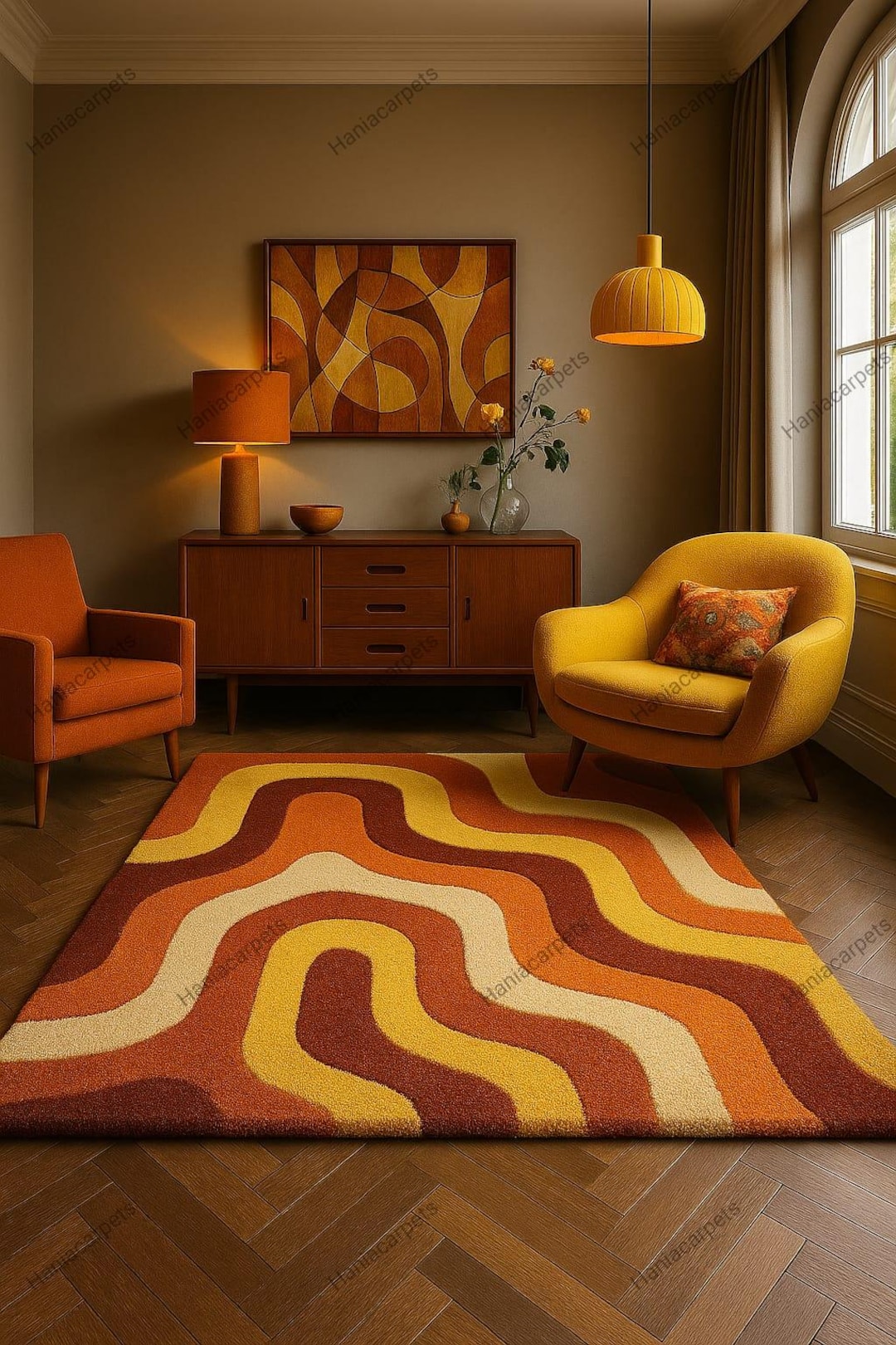 70s ユーロ ヴィンテージ ラグマット Retro Mid Century Shag Rug – 70s Geometric Orange Yellow Area