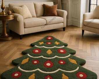 Handgemaakt kerstboomtapijt | Getufte pluche kerstmat | Gezellig vakantiedecor voor woonkamer, slaapkamer of hal | Boomvormig tapijt