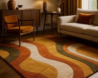 Retro jaren 70 geometrisch golftapijt – modern getuft shag-tapijt uit het midden van de eeuw | Vintage golvend accenttapijt | Groovy boho woonkamervloerdecoratie