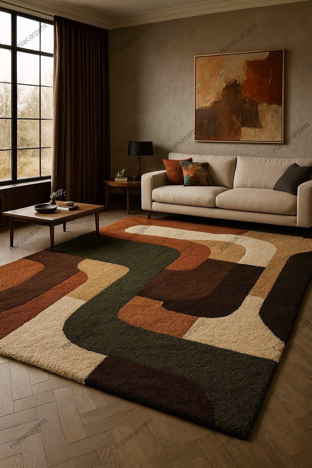 Retro Mid Century Shag Rug – 70s Geometric Orange Yellow Area