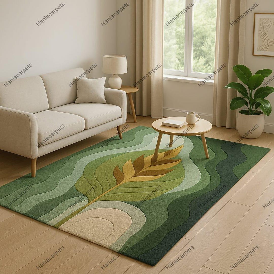 Custom Melting Modern Green Leaf Abstract Irregular Shape Rug Hand ...