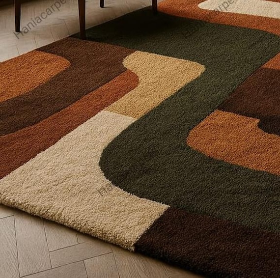 Retro Mid Century Shag Rug – 70s Geometric Orange Yellow Area