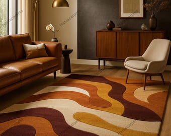 Retro jaren 70 geometrisch golftapijt – modern getuft shag-tapijt uit het midden van de eeuw | Vintage golvend accenttapijt | Groovy boho woonkamervloerdecoratie